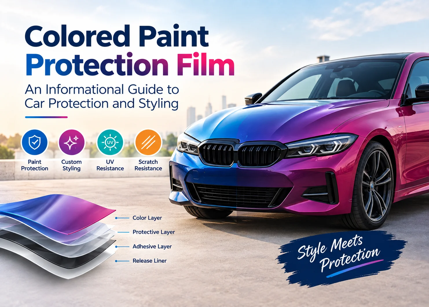 Modern car featuring colored paint protection film with a sleek glossy finish, showcasing how PPF enhances vehicle styling while protecting the original paint from scratches, stone chips, road debris, UV exposure, and everyday surface wear.
